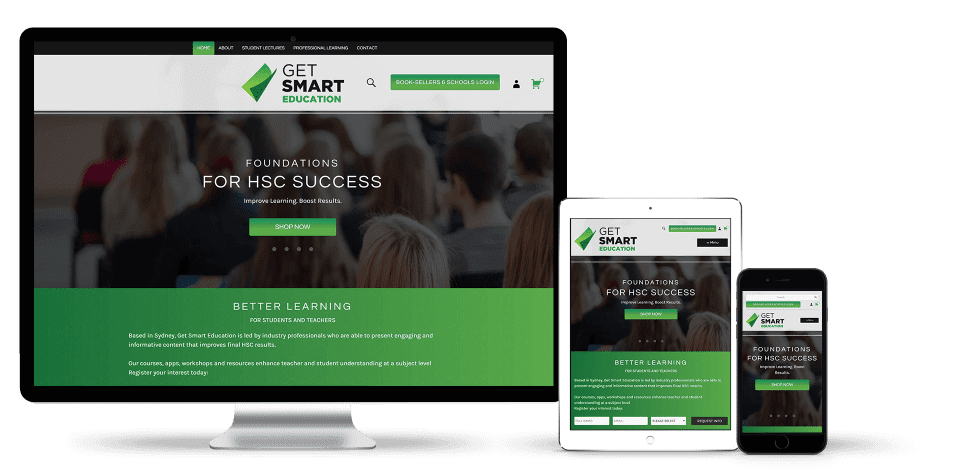 Image of the Get Smart Education website design on desktop, tablet and smart phone