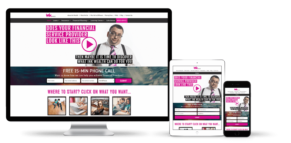 Image of the Ink Wealth website design on a desktop, tablet and smart phone