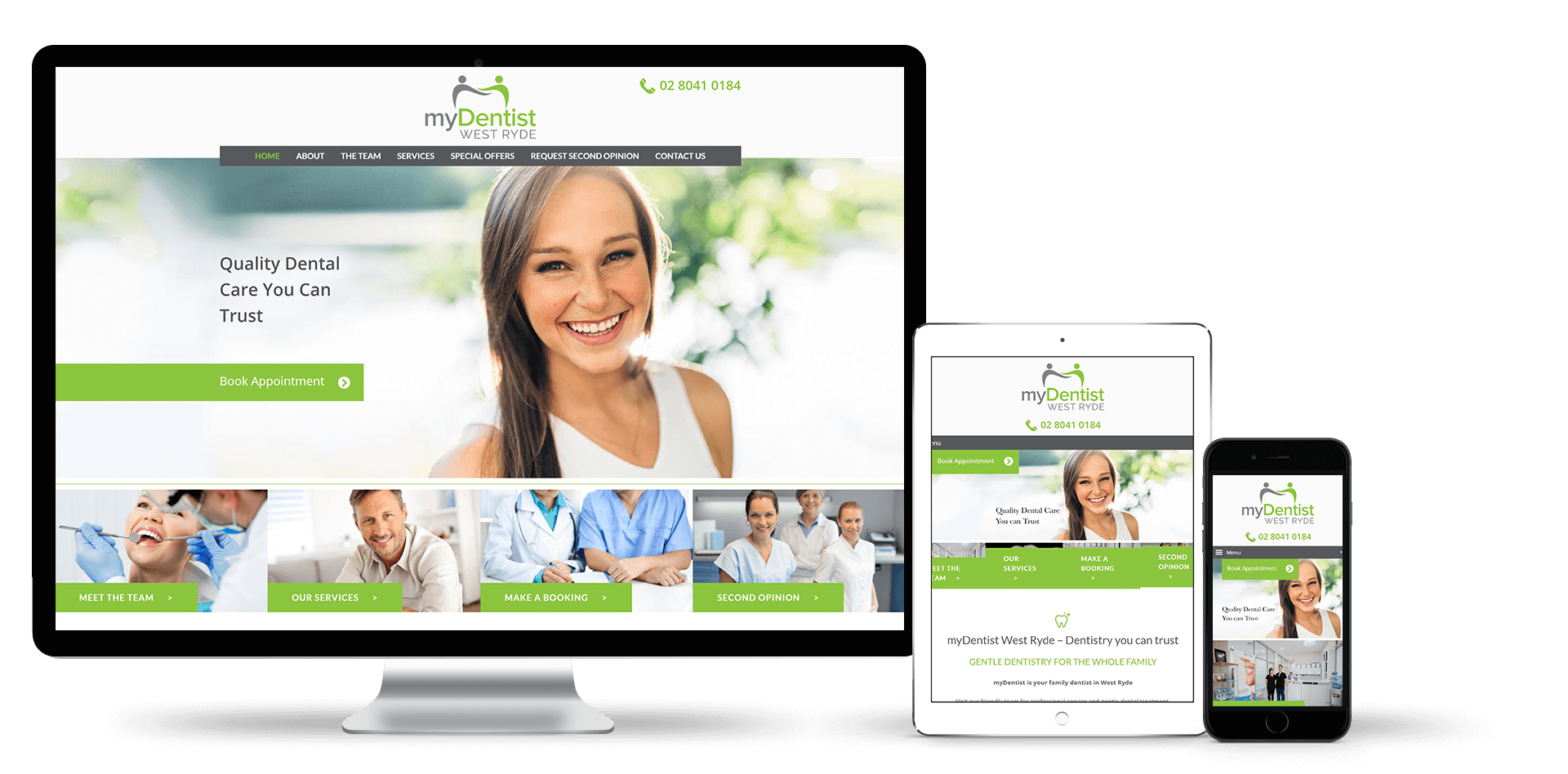 Image of the My Dentist West Ryde web design on desktop, tablet and smart phone